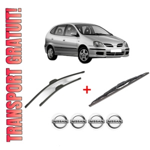 Set 3 stergatoare NISSAN ALMERA TINO (V10) din 2000 - 2006, pentru parbriz si luneta fata si spate auto, Bosch Twin, din cauciuc siliconat rezistent, 4 Stickere Auto NISSAN
