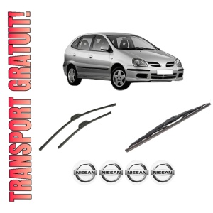 Set 3 stergatoare NISSAN ALMERA TINO (V10) din 2000-2006, pentru parbriz si luneta fata si spate auto, Bosch Twin-Aerotwin Retrofit, din cauciuc siliconat rezistent, 4 Stickere Auto NISSAN