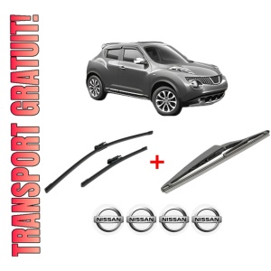 Set 3 stergatoare NISSAN JUKE (F15) din 2010 - 2019, pentru parbriz si luneta fata si spate auto, Bosch Twin, din cauciuc siliconat rezistent, 4 Stickere Auto NISSAN