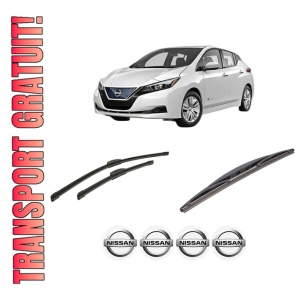 Set 3 stergatoare NISSAN LEAF (ZE1) din 2017-2019, pentru parbriz si luneta fata si spate auto, Bosch Twin-Aerotwin Retrofit, din cauciuc siliconat rezistent, 4 Stickere Auto NISSAN