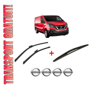 Set 3 stergatoare NISSAN NV300 Van (X82) din 2016, pentru parbriz si luneta fata si spate auto, Bosch Twin, din cauciuc siliconat rezistent, 4 Stickere Auto NISSAN