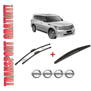 Set 3 stergatoare NISSAN PATROL VI (Y62) din 2010, pentru parbriz si luneta fata si spate auto, Bosch Twin, din cauciuc siliconat rezistent, 4 Stickere Auto NISSAN