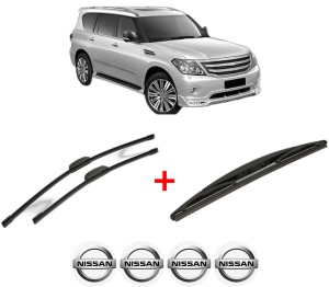 Set 3 stergatoare NISSAN PATROL VI (Y62) din 2010, pentru parbriz si luneta fata si spate auto, Bosch Twin, din cauciuc siliconat rezistent, 4 Stickere Auto NISSAN v5639