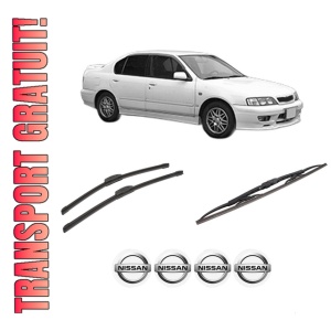 Set 3 stergatoare NISSAN PRIMERA Hatchback (P11) din 1996-2002, pentru parbriz si luneta fata si spate auto, Bosch Twin-Aerotwin Retrofit, din cauciuc siliconat rezistent, 4 Stickere Auto NISSAN