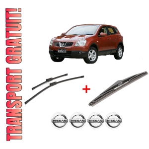 Set 3 stergatoare NISSAN QASHQAI I (J10, NJ10) din 2006 - 2014, pentru parbriz si luneta fata si spate auto, Bosch Twin, din cauciuc siliconat rezistent, 4 Stickere Auto NISSAN