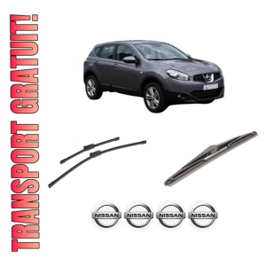 Set 3 stergatoare NISSAN QASHQAI I VAN (J10) din 2013-2014, pentru parbriz si luneta fata si spate auto, Bosch Twin-Aerotwin, din cauciuc siliconat rezistent, 4 Stickere Auto NISSAN