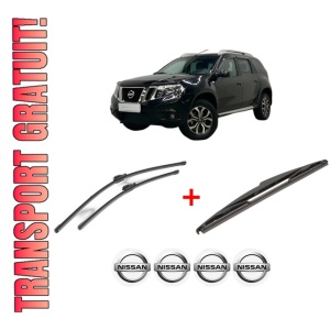 Set 3 stergatoare NISSAN TERRANO (D10) din 2014, pentru parbriz si luneta fata si spate auto, Valeo Silencio, din cauciuc siliconat rezistent, 4 Stickere Auto NISSAN