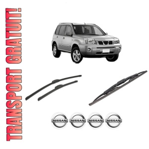 Set 3 stergatoare NISSAN X-TRAIL I (T30) din 2001-2013, pentru parbriz si luneta fata si spate auto, Bosch Twin-Aerotwin Retrofit, din cauciuc siliconat rezistent, 4 Stickere Auto NISSAN