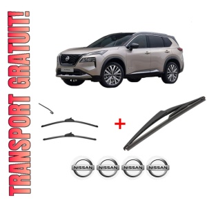 Set 3 stergatoare NISSAN X-TRAIL IV (T33) din 2022, pentru parbriz si luneta fata si spate auto, Valeo Silencio, din cauciuc siliconat rezistent, 4 Stickere Auto NISSAN