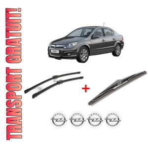 Set 3 stergatoare OPEL ASTRA H CLASSIC Saloon (A04) din 2009 - 2014, pentru parbriz si luneta fata si spate auto, Bosch Twin, din cauciuc siliconat rezistent, 4 Stickere Auto OPEL
