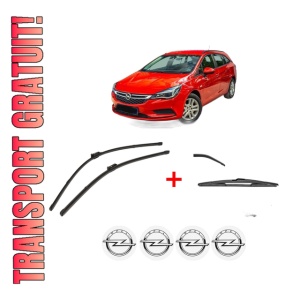 Set 3 stergatoare OPEL ASTRA K (B16) din 2015 - 2022, pentru parbriz si luneta fata si spate auto, Valeo Silencio, din cauciuc siliconat rezistent, 4 Stickere Auto OPEL