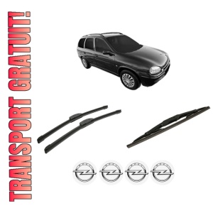 Set 3 stergatoare OPEL CORSA B Estate (S93) din 1999-2002, pentru parbriz si luneta fata si spate auto, Bosch Twin-Aerotwin Retrofit, din cauciuc siliconat rezistent, 4 Stickere Auto OPEL