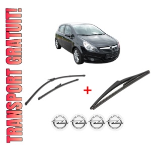 Set 3 stergatoare OPEL CORSA D (S07) din 2006 - 2014, pentru parbriz si luneta fata si spate auto, Valeo Silencio, din cauciuc siliconat rezistent, 4 Stickere Auto OPEL