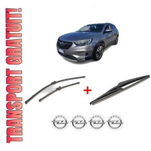 Set 3 stergatoare OPEL GRANDLAND X Van din 2017 - 2021, pentru parbriz si luneta fata si spate auto, Valeo Silencio, din cauciuc siliconat rezistent, 4 Stickere Auto OPEL