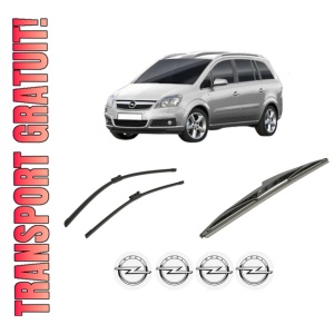 Set 3 stergatoare OPEL ZAFIRA / ZAFIRA FAMILY B (A05) din 2005-2015, pentru parbriz si luneta fata si spate auto, Bosch Twin-Aerotwin, din cauciuc siliconat rezistent, 4 Stickere Auto OPEL