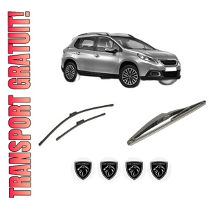 Set 3 stergatoare PEUGEOT 2008 I (CU_) din 2013-2019, pentru parbriz si luneta fata si spate auto, Bosch Twin-Aerotwin, din cauciuc siliconat rezistent, 4 Stickere Auto PEUGEOT