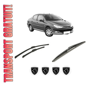 Set 3 stergatoare PEUGEOT 206 Saloon din 2007-2008, pentru parbriz si luneta fata si spate auto, Bosch Twin-Aerotwin Retrofit, din cauciuc siliconat rezistent, 4 Stickere Auto PEUGEOT