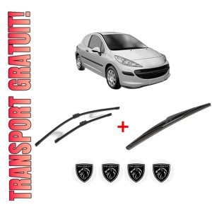 Set 3 stergatoare PEUGEOT 207 Hatchback Van (WA_, WC_) din 2007 - 2012, pentru parbriz si luneta fata si spate auto, Bosch Twin, din cauciuc siliconat rezistent, 4 Stickere Auto PEUGEOT
