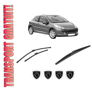 Set 3 stergatoare PEUGEOT 207 (WA_, WC_) din 2006-2015, pentru parbriz si luneta fata si spate auto, Bosch Twin-Aerotwin, din cauciuc siliconat rezistent, 4 Stickere Auto PEUGEOT