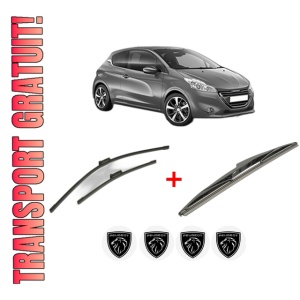 Set 3 stergatoare PEUGEOT 208 I (CA_, CC_) din 2012 - 2019, pentru parbriz si luneta fata si spate auto, Bosch Twin, din cauciuc siliconat rezistent, 4 Stickere Auto PEUGEOT
