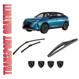 Set 3 stergatoare PEUGEOT 3008 III (KA_, KB_, KC_) din 2023-2024, pentru parbriz si luneta fata si spate auto, Bosch Twin-Aerotwin, din cauciuc siliconat rezistent, 4 Stickere Auto PEUGEOT