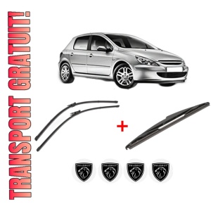 Set 3 stergatoare PEUGEOT 307 (3A/C) din 2000 - 2012, pentru parbriz si luneta fata si spate auto, Valeo Silencio, din cauciuc siliconat rezistent, 4 Stickere Auto PEUGEOT