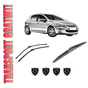 Set 3 stergatoare PEUGEOT 307 (3A/C) din 2000-2012, pentru parbriz si luneta fata si spate auto, Bosch Twin-Aerotwin, din cauciuc siliconat rezistent, 4 Stickere Auto PEUGEOT