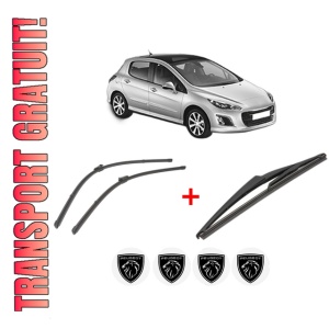 Set 3 stergatoare PEUGEOT 308 I (4A_, 4C_) din 2007 - 2015, pentru parbriz si luneta fata si spate auto, Valeo Silencio, din cauciuc siliconat rezistent, 4 Stickere Auto PEUGEOT