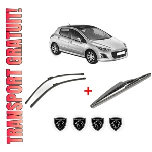 Set 3 stergatoare PEUGEOT 308 I (4A_, 4C_) din 2007 - 2015, pentru parbriz si luneta fata si spate auto, Bosch Twin, din cauciuc siliconat rezistent, 4 Stickere Auto PEUGEOT