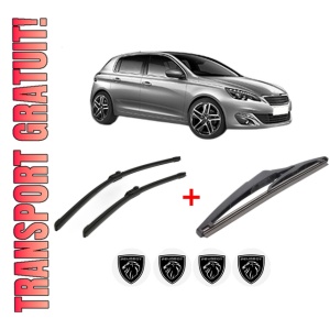 Set 3 stergatoare PEUGEOT 308 II (LB_, LP_, LW_, LH_, L3_) din 2013 - 2021, pentru parbriz si luneta fata si spate auto, Bosch Twin, din cauciuc siliconat rezistent, 4 Stickere Auto PEUGEOT