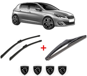 Set 3 stergatoare PEUGEOT 308 II (LB_, LP_, LW_, LH_, L3_) din 2013 - 2021, pentru parbriz si luneta fata si spate auto, Bosch Twin, din cauciuc siliconat rezistent, 4 Stickere Auto PEUGEOT v11393