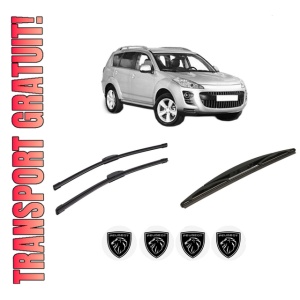 Set 3 stergatoare PEUGEOT 4007 (VU_, VV_) din 2007-2013, pentru parbriz si luneta fata si spate auto, Bosch Twin-Aerotwin Retrofit, din cauciuc siliconat rezistent, 4 Stickere Auto PEUGEOT