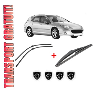 Set 3 stergatoare PEUGEOT 407 SW (6E_, 6D_) din 2004 - 2010, pentru parbriz si luneta fata si spate auto, Valeo Silencio, din cauciuc siliconat rezistent, 4 Stickere Auto PEUGEOT