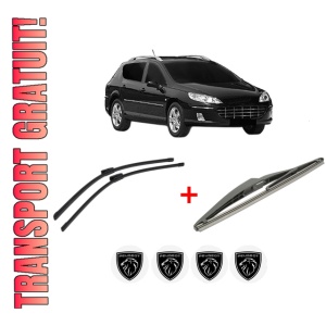 Set 3 stergatoare PEUGEOT 407 SW Estate Van (6E_) din 2009 - 2010, pentru parbriz si luneta fata si spate auto, Bosch Twin, din cauciuc siliconat rezistent, 4 Stickere Auto PEUGEOT