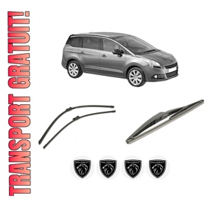 Set 3 stergatoare PEUGEOT 5008 (0U_, 0E_) din 2009-2017, pentru parbriz si luneta fata si spate auto, Bosch Twin-Aerotwin, din cauciuc siliconat rezistent, 4 Stickere Auto PEUGEOT