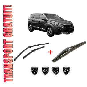 Set 3 stergatoare PEUGEOT 5008 II (MC_, MJ_, MR_, M4_) din 2016 - 2019, pentru parbriz si luneta fata si spate auto, Bosch Twin, din cauciuc siliconat rezistent, 4 Stickere Auto PEUGEOT