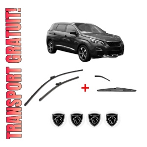 Set 3 stergatoare PEUGEOT 5008 II Van (MC_, MJ_) din 2018, pentru parbriz si luneta fata si spate auto, Valeo Silencio, din cauciuc siliconat rezistent, 4 Stickere Auto PEUGEOT