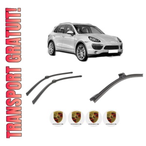 Set 3 stergatoare PORSCHE CAYENNE (92A) din 2010-2018, pentru parbriz si luneta fata si spate auto, Bosch Aerotwin-Aerotwin, din cauciuc siliconat rezistent, 4 Stickere Auto PORSCHE