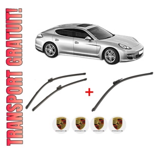 Set 3 stergatoare PORSCHE PANAMERA (970) din 2009 - 2016, pentru parbriz si luneta fata si spate auto, Valeo Silencio Xtrm, din cauciuc siliconat rezistent, 4 Stickere Auto PORSCHE
