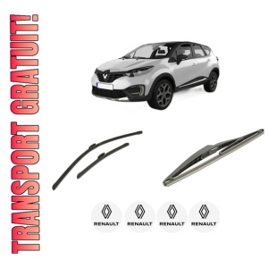 Set 3 stergatoare RENAULT CAPTUR I (J5_, H5_) din 2013-2018, pentru parbriz si luneta fata si spate auto, Bosch Twin-Aerotwin, din cauciuc siliconat rezistent, 4 Stickere Auto RENAULT