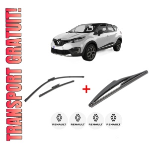Set 3 stergatoare RENAULT CAPTUR I (J5_, H5_) din 2013, pentru parbriz si luneta fata si spate auto, Valeo Silencio, din cauciuc siliconat rezistent, 4 Stickere Auto RENAULT