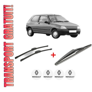 Set 3 stergatoare RENAULT CLIO II Hatchback Van (SB0/1/2_) din 1998 - 2010, pentru parbriz si luneta fata si spate auto, Bosch Twin, din cauciuc siliconat rezistent, 4 Stickere Auto RENAULT
