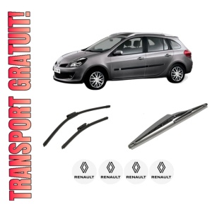 Set 3 stergatoare RENAULT CLIO III Grandtour (KR0/1_) din 2007-2014, pentru parbriz si luneta fata si spate auto, Bosch Twin-Aerotwin, din cauciuc siliconat rezistent, 4 Stickere Auto RENAULT