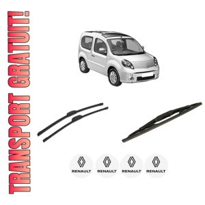 Set 3 stergatoare RENAULT KANGOO BE BOP (KW0/1_) din 2009-2012, pentru parbriz si luneta fata si spate auto, Bosch Twin-Aerotwin Retrofit, din cauciuc siliconat rezistent, 4 Stickere Auto RENAULT
