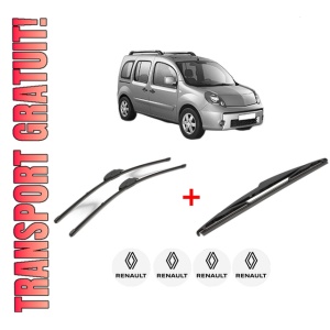 Set 3 stergatoare RENAULT KANGOO / GRAND KANGOO II (KW0/1_) din 2008, pentru parbriz si luneta fata si spate auto, Valeo Silencio, din cauciuc siliconat rezistent, 4 Stickere Auto RENAULT