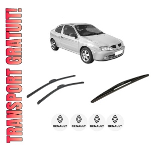 Set 3 stergatoare RENAULT MEGANE I Coach (DA0/1_) din 1996-2003, pentru parbriz si luneta fata si spate auto, Bosch Twin-Aerotwin Retrofit, din cauciuc siliconat rezistent, 4 Stickere Auto RENAULT