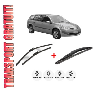 Set 3 stergatoare RENAULT MEGANE II Estate Van (KM_) din 2003 - 2009, pentru parbriz si luneta fata si spate auto, Valeo Silencio, din cauciuc siliconat rezistent, 4 Stickere Auto RENAULT