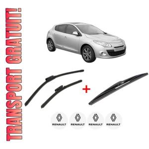 Set 3 stergatoare RENAULT MEGANE III Hatchback Van (BZ_) din 2008 - 2015, pentru parbriz si luneta fata si spate auto, Bosch Twin, din cauciuc siliconat rezistent, 4 Stickere Auto RENAULT