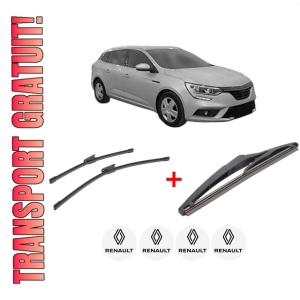 Set 3 stergatoare RENAULT MEGANE IV Grandtour (K9A/M/N_) din 2016, pentru parbriz si luneta fata si spate auto, Bosch Twin, din cauciuc siliconat rezistent, 4 Stickere Auto RENAULT