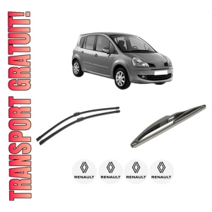 Set 3 stergatoare RENAULT MODUS / GRAND MODUS (F/JP0_) din 2004-2012, pentru parbriz si luneta fata si spate auto, Bosch Twin-Aerotwin, din cauciuc siliconat rezistent, 4 Stickere Auto RENAULT